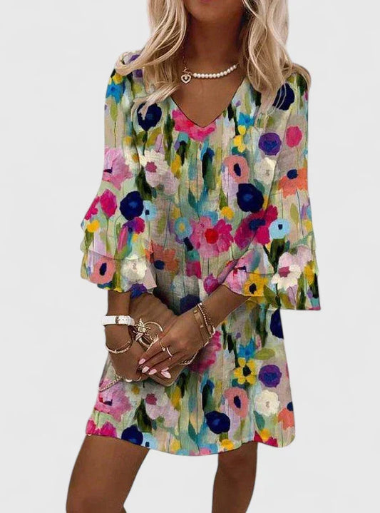 Effortless Multicolor Floral Mini Dress for Women with V Neck Flutter Sleeve Tiered Ruffle Bohemian Style