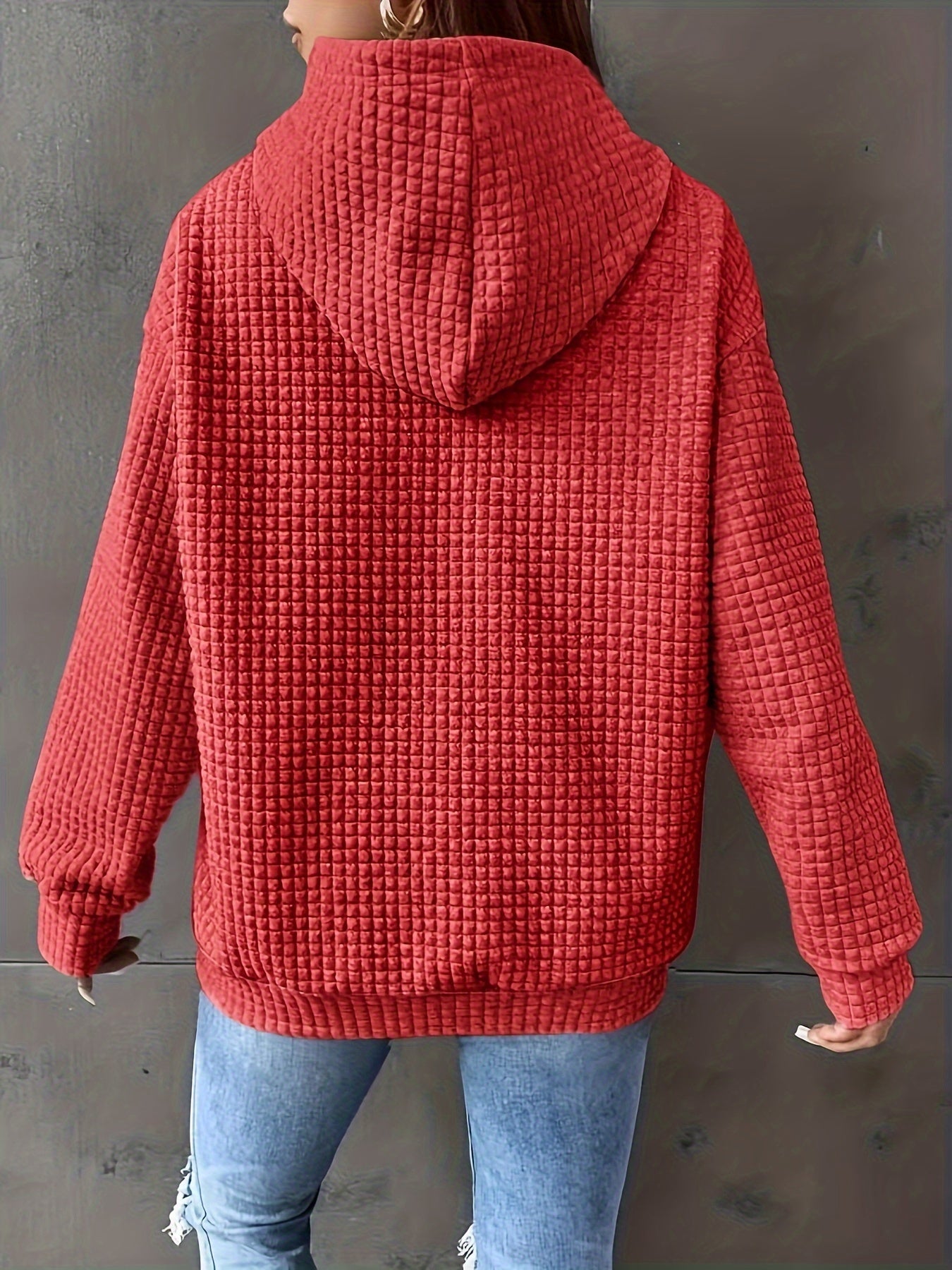 Women's Casual Waffle- Color-Block Hooded Sweatshirt - Relaxed Fit Long Sleeve Pullover with Drawstring Hood, Machine Washable Autumn Winter Fashion Top, Cute Sweatshirts, Autumn Apparel, Soft Fabric, Everyday Outfit, Waffle Design, Breathable Material, C