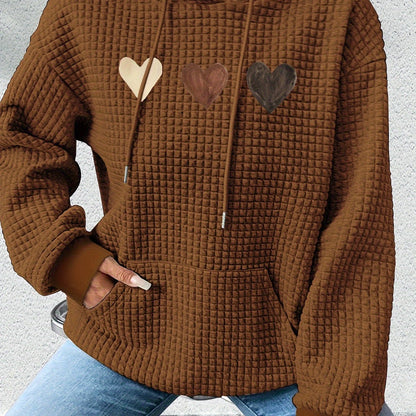 Comfortable Heart Print Waffle Knit Hoodie for Women with Hooded Long Sleeve Kangaroo Pocket Oversized Style