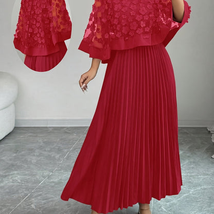 Elegant Floral Pleated Maxi Dress for Women with Round Neck Cape Sleeve Appliqué Flowing Formal Wedding Guest Style