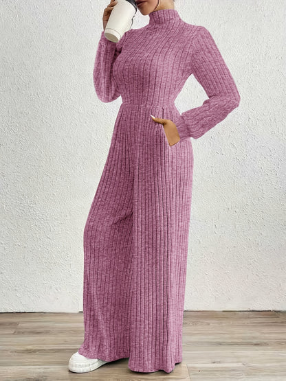 Comfortable Ribbed Knit Wide Leg Jumpsuit for Women with High Neck Long Sleeve Relaxed Pocket Style