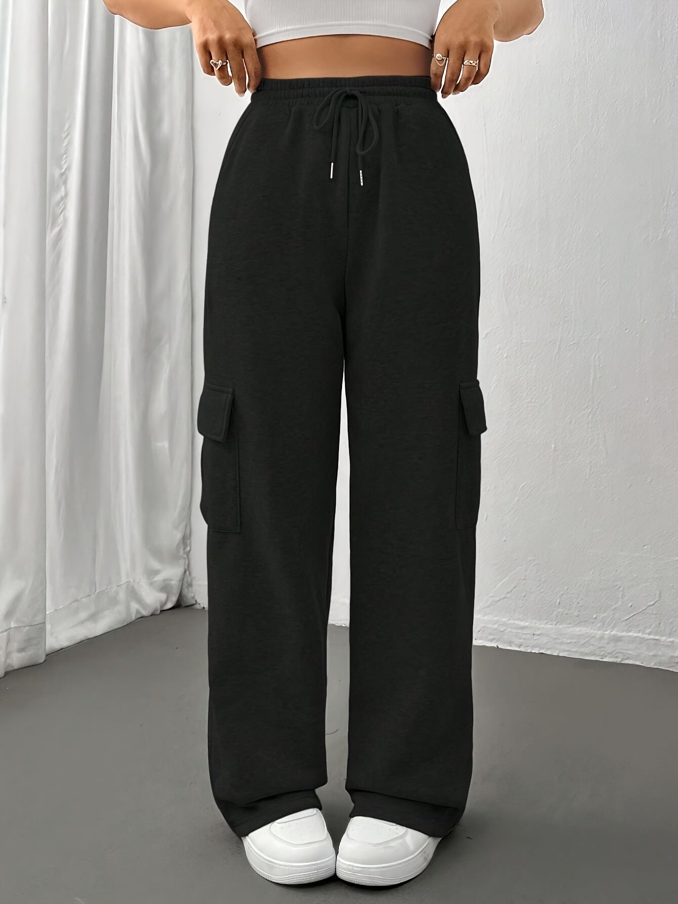 Comfortable Black Cargo Sweatpants for Women with High Waist Drawstring Flap Pocket Wide Leg Relaxed Style