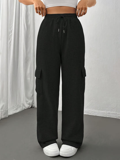 Comfortable Black Cargo Sweatpants for Women with High Waist Drawstring Flap Pocket Wide Leg Relaxed Style