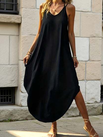 Effortless Black Maxi Dress for Women with V Neck Spaghetti Strap Cocoon Flowing Style