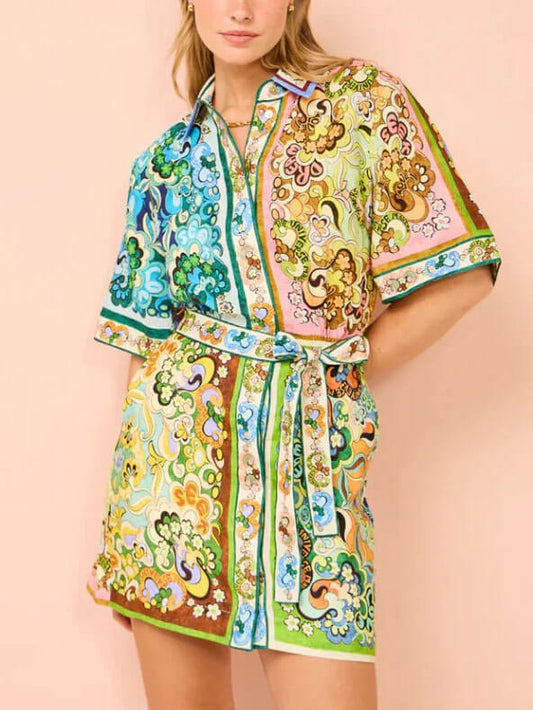 Effortless Multicolor Paisley Print Shirt Dress for Women with Collar Short Sleeve Belted Mini Bohemian Style