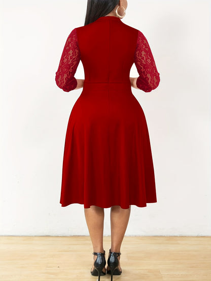 Autumn/Winter Women's Fashion Elegant V-Neck Lace Sleeve Three-Quarter Sleeve A-Line Midi Dress, Suitable for Formal Occasions, Cocktail Parties, and Gatherings
