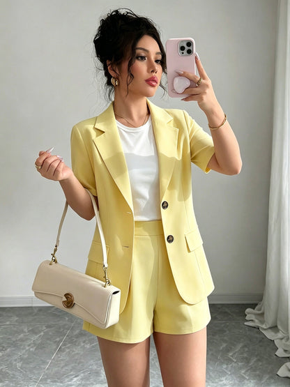 Effortless Blazer Shorts Set for Women with Lapel Collar Short Sleeve Button Front Two Piece Style