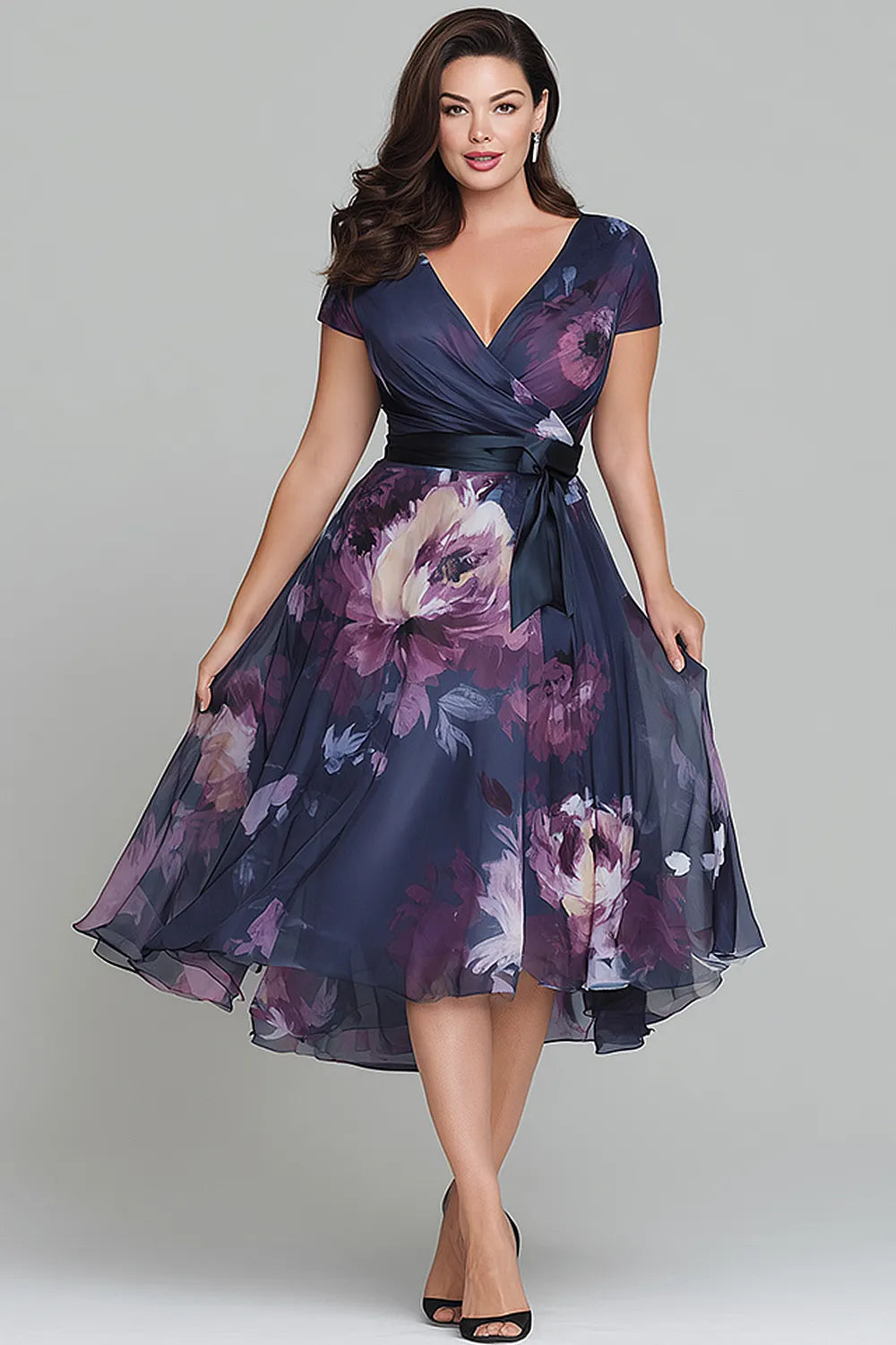 Elegant Navy Blue Floral Midi Dress for Women with V Neck Cap Sleeve Wrap Tie Waist Flowing Style