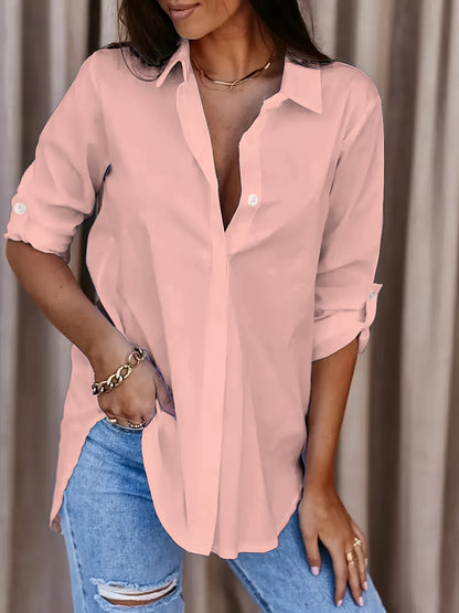 Effortless Blouse for Women with Collar Long Sleeve Roll Tab Oversized Casual Style