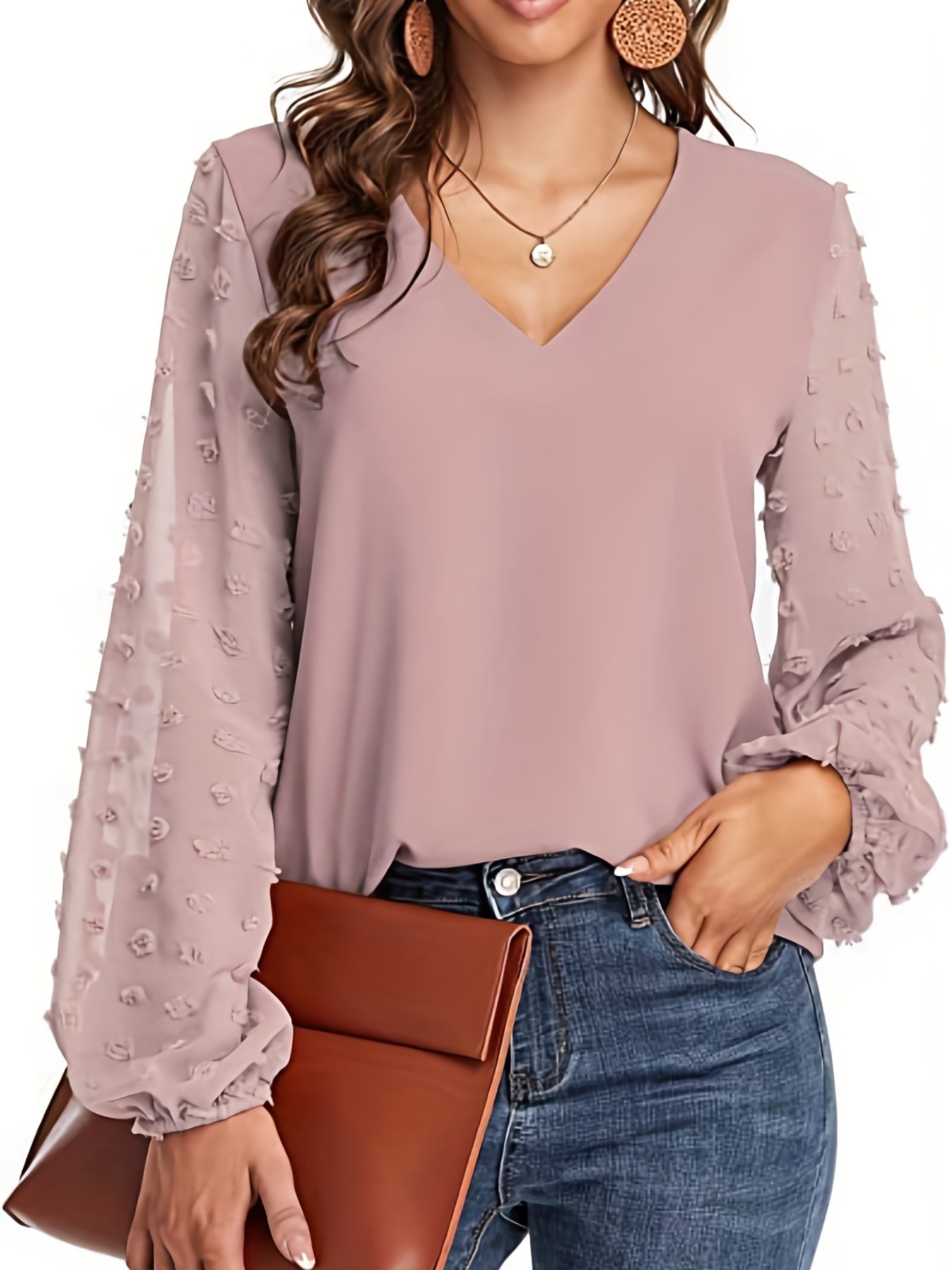 Effortless Swiss Dot Blouse for Women with V Neck Bishop Sleeve Textured Chiffon Casual Style