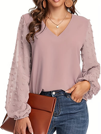 Effortless Swiss Dot Blouse for Women with V Neck Bishop Sleeve Textured Chiffon Casual Style