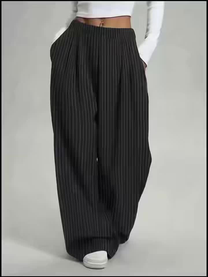 Effortless Black Pinstripe Wide Leg Pants for Women with High Waist Pleated Relaxed Tailored Style
