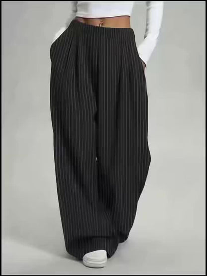 Effortless Black Pinstripe Wide Leg Pants for Women with High Waist Pleated Relaxed Tailored Style