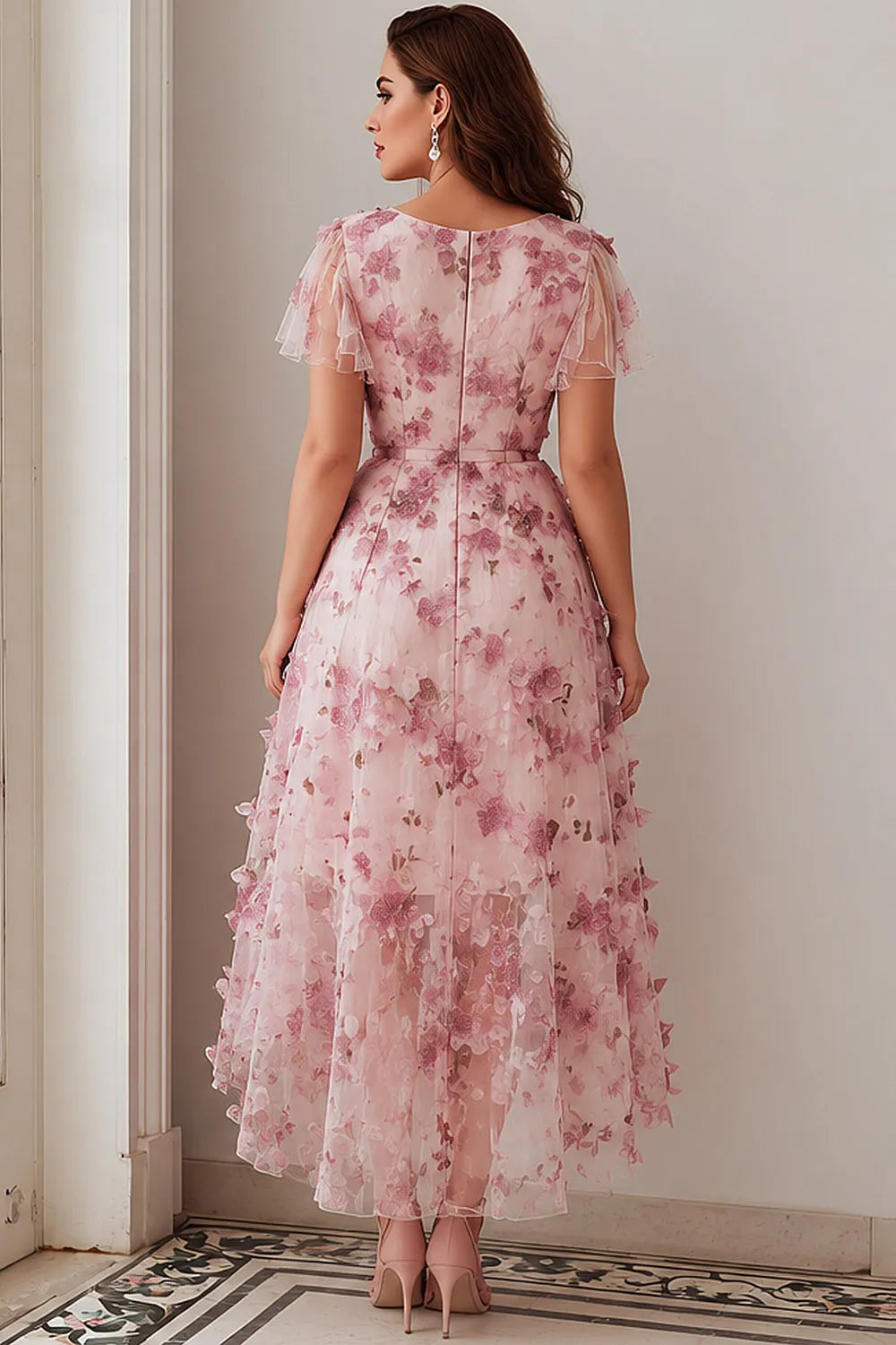 Elegant Light Pink Floral Midi Dress for Women with V Neck Flutter Sleeve High Low Wedding Guest Style