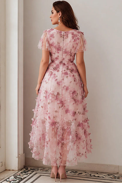 Elegant Light Pink Floral Midi Dress for Women with V Neck Flutter Sleeve High Low Wedding Guest Style