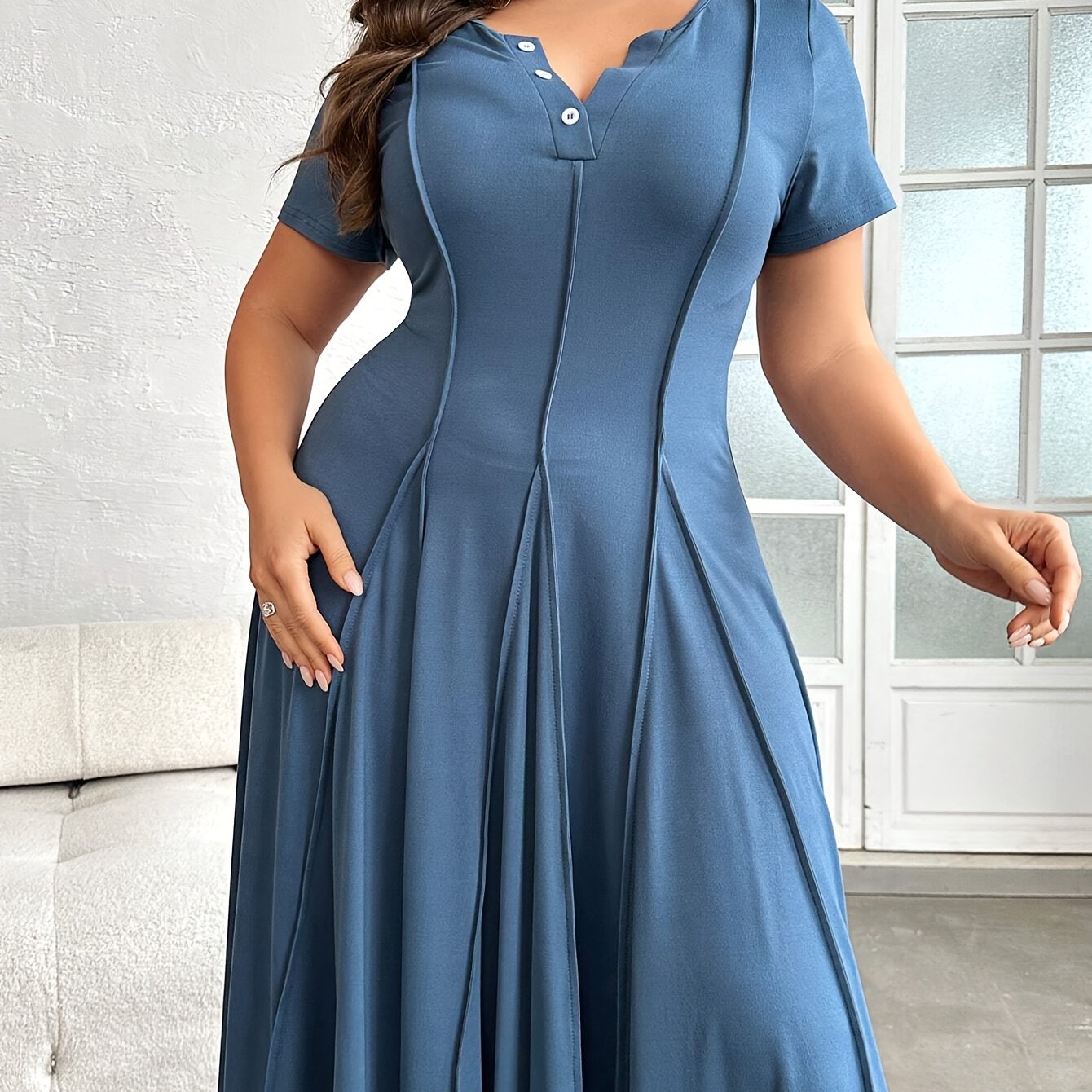 Plus Size, Button- Collar with Pleated Detail Short Sleeve Dress, Suitable for Beach, Party, Summer, Casual, Vacation, and Date