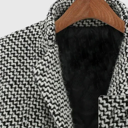 Elegant Gray Houndstooth Tweed Coat for Women with Notched Lapel Long Sleeve Longline Relaxed Style