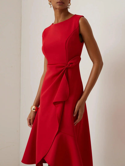 Elegant Draped Midi Dress for Women with Boat Neck Sleeveless Asymmetric Ruffle Hem Cocktail Style
