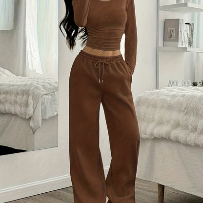Oriented Elegant Ladies' Trousers Drawstring Pocket Design Solid Color Easy Versatile Sweatpants