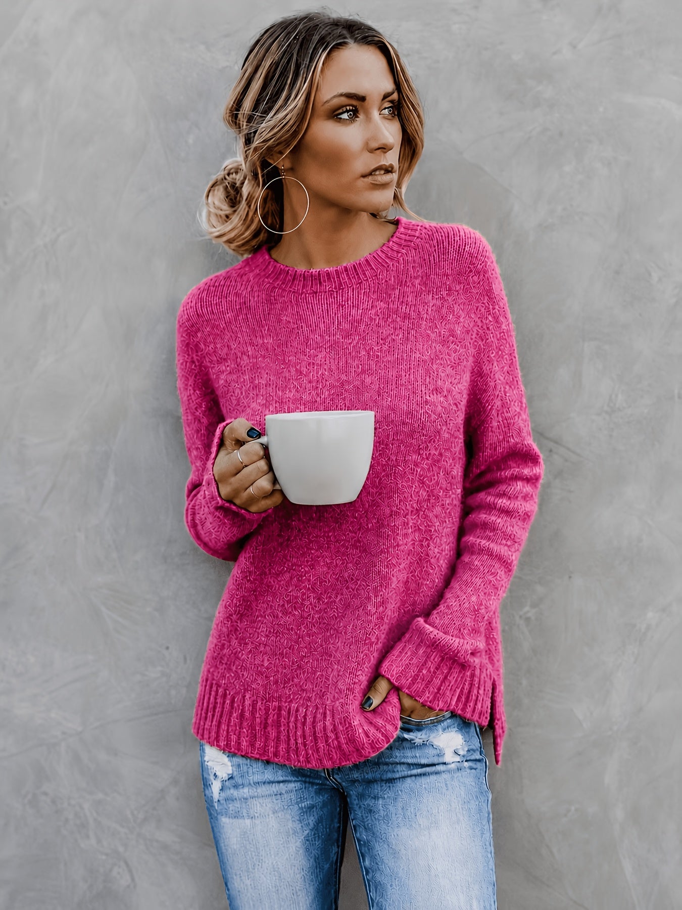 Comfortable Heathered Knit Sweater for Women with Crew Neck Long Sleeve Bell Cuff Oversized Relaxed Style