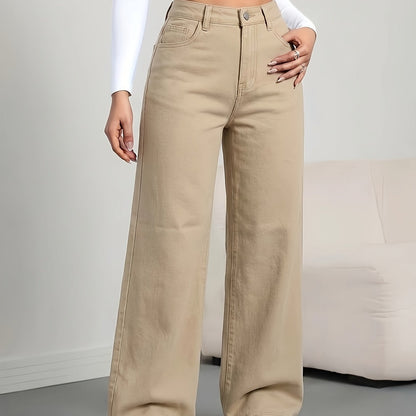 Effortless Khaki Wide Leg Jeans for Women with High Waist Button Front Relaxed Casual Style