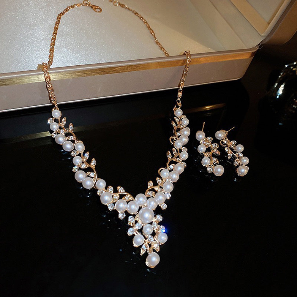 Elegant Grape Pearl Rhinestone Necklace Set for Women with V Shape Vine Leaf Statement Bridal Style
