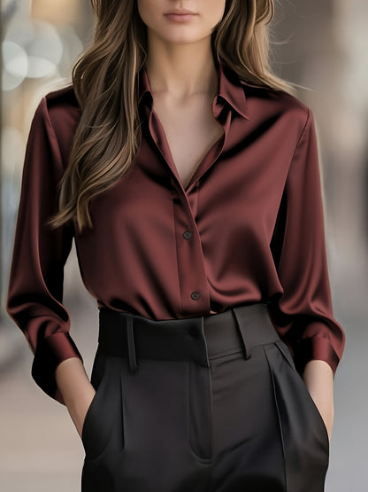 Elegant Satin Blouse for Women with Collar Long Sleeve Button Front Relaxed Silky Style