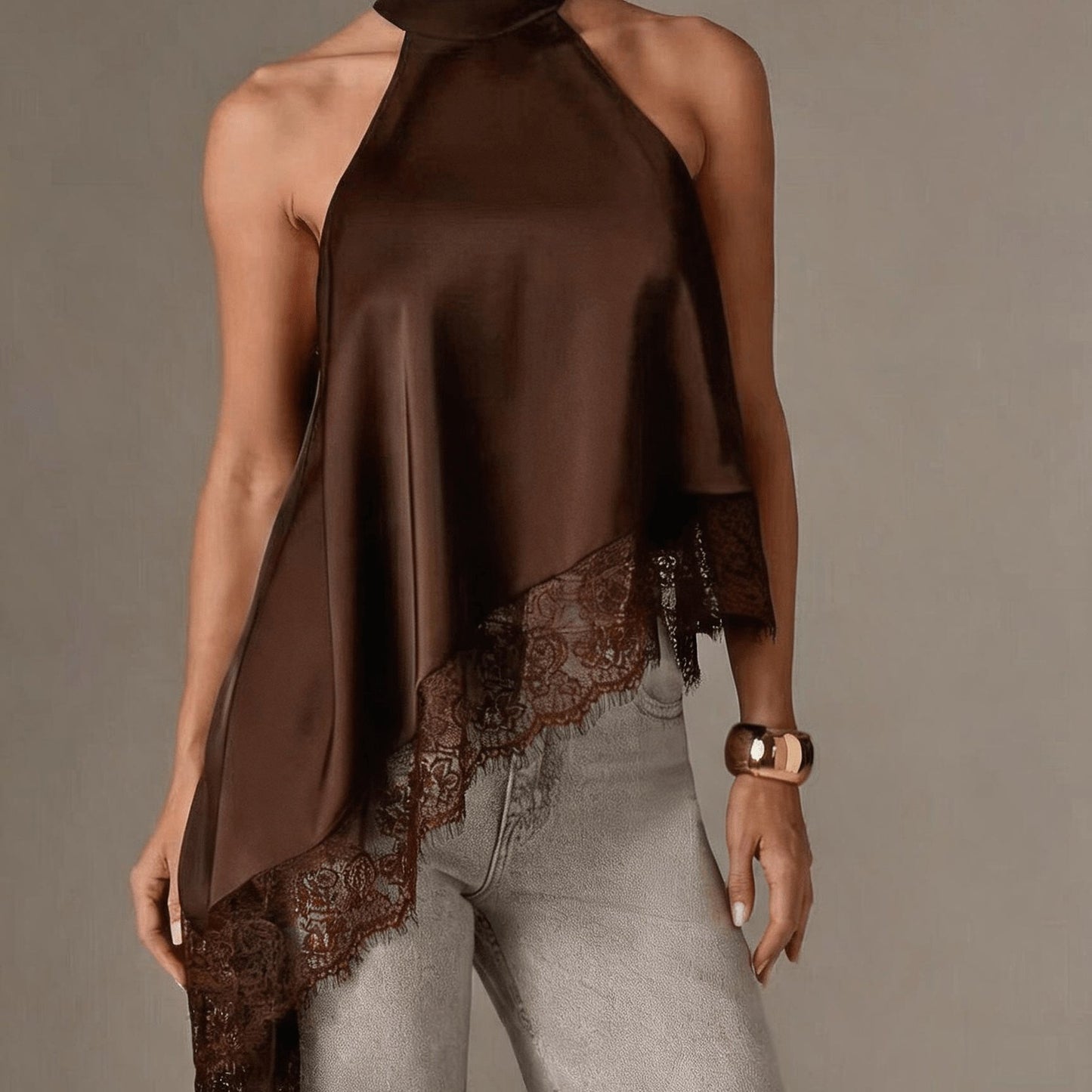 Elegant Satin Halter Top for Women with High Neck Sleeveless Lace Trim Asymmetric Flowing Style