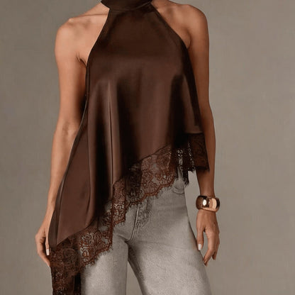 Elegant Satin Halter Top for Women with High Neck Sleeveless Lace Trim Asymmetric Flowing Style