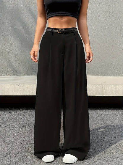 Effortless Tailored Wide Leg Pants for Women with High Waist Pleated Belted Relaxed Style