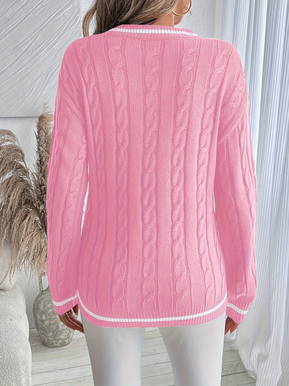 Comfortable Cable Knit Sweater for Women with V Neck Long Sleeve Striped Trim Oversized Style