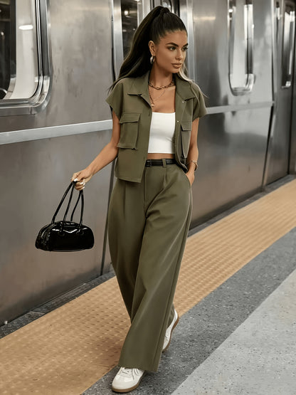 Effortless Utility Wide Leg Set for Women with Collar Cap Sleeve Cargo Pocket Two Piece Style