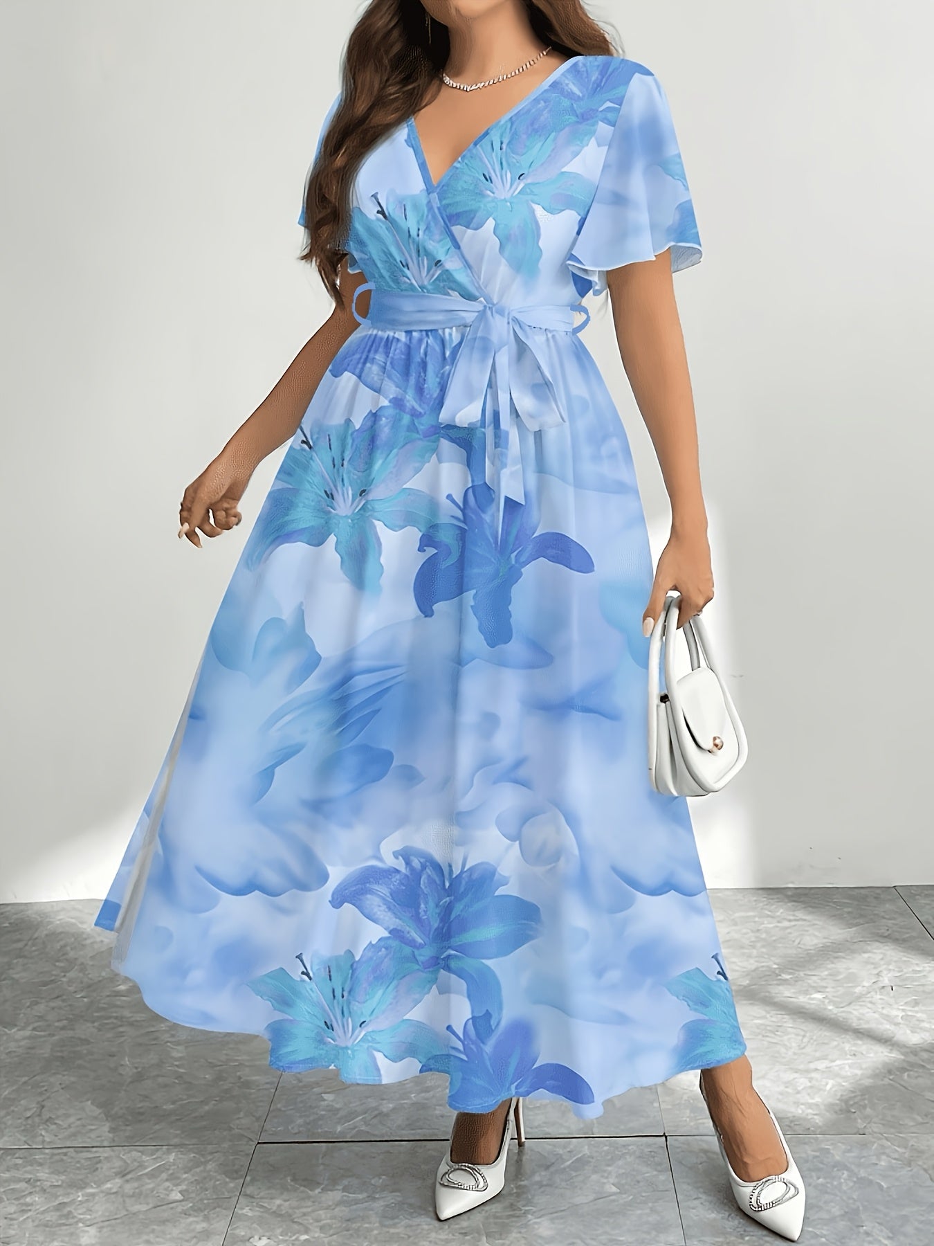 Plus Size - Plus Size - Plus Size Women'S Summer Printed Round Neck Short Sleeve Raglan Long Dress, Christmas Women'S Long Set