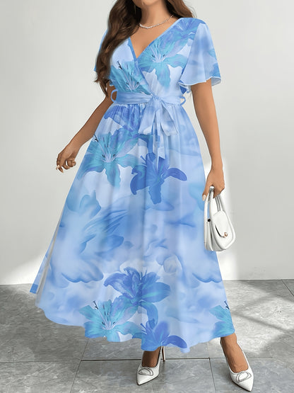 Plus Size - Plus Size - Plus Size Women'S Summer Printed Round Neck Short Sleeve Raglan Long Dress, Christmas Women'S Long Set