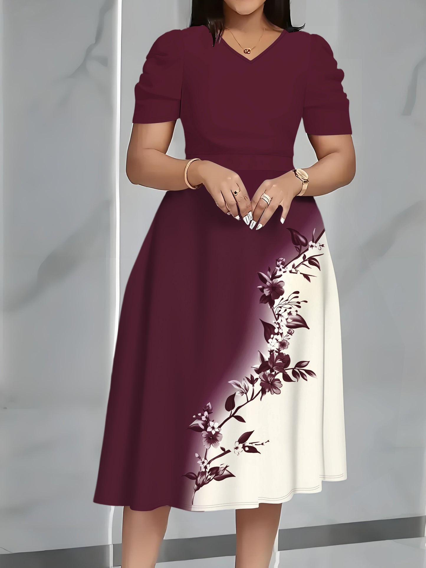 Women's Dress, Floral Print V-neck Short-sleeved Dress, Elegant and Fashionable, Suitable for Home, Dating Parties, Travel and Vacation Wear
