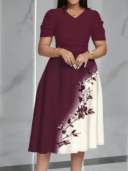 Women's Dress, Floral Print V-neck Short-sleeved Dress, Elegant and Fashionable, Suitable for Home, Dating Parties, Travel and Vacation Wear