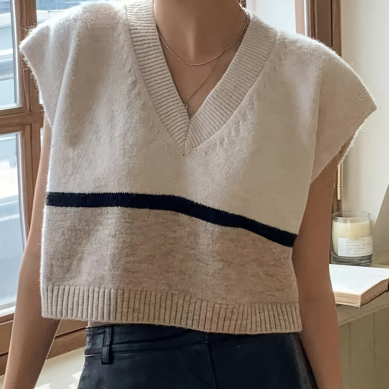 Elegant Apricot Striped Sweater Vest for Women with V Neck Sleeveless Cropped Colorblock Knit Style