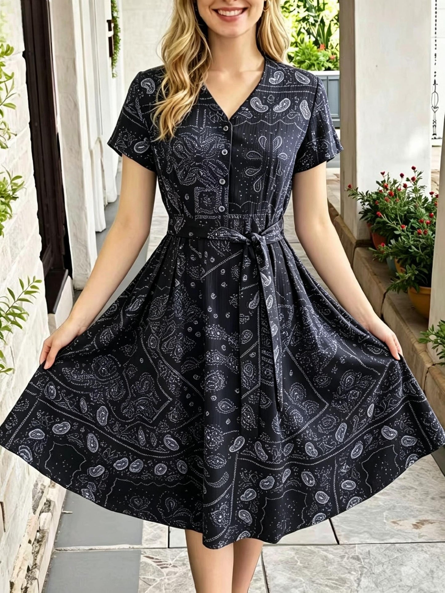 Women's Vintage Blue Print Midi Dress, V-Neck Button Shirt Dress with Pockets & Belt, Casual Commute Vacation Wear for Ladies