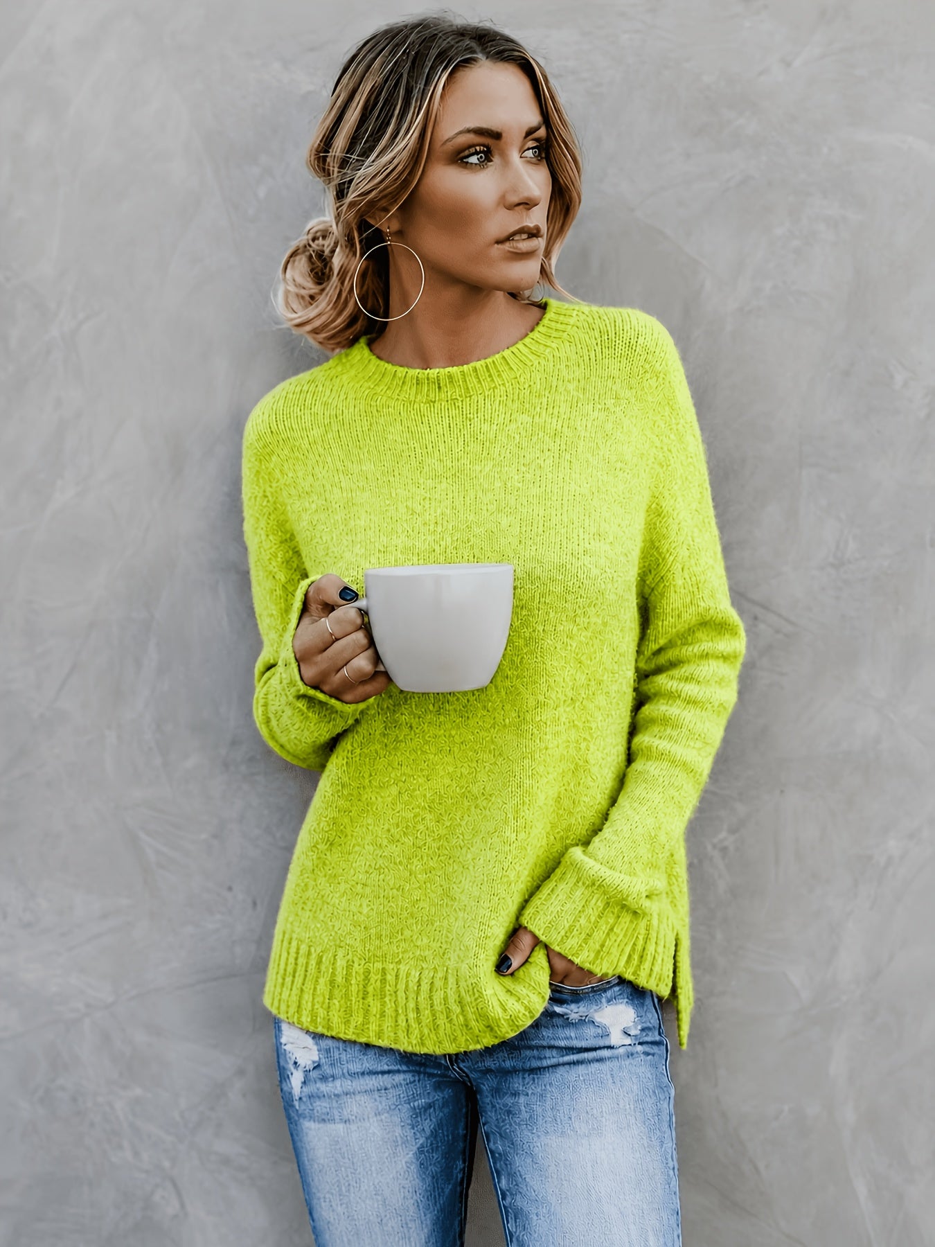 Comfortable Heathered Knit Sweater for Women with Crew Neck Long Sleeve Bell Cuff Oversized Relaxed Style