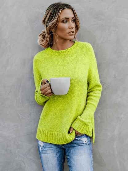 Comfortable Heathered Knit Sweater for Women with Crew Neck Long Sleeve Bell Cuff Oversized Relaxed Style