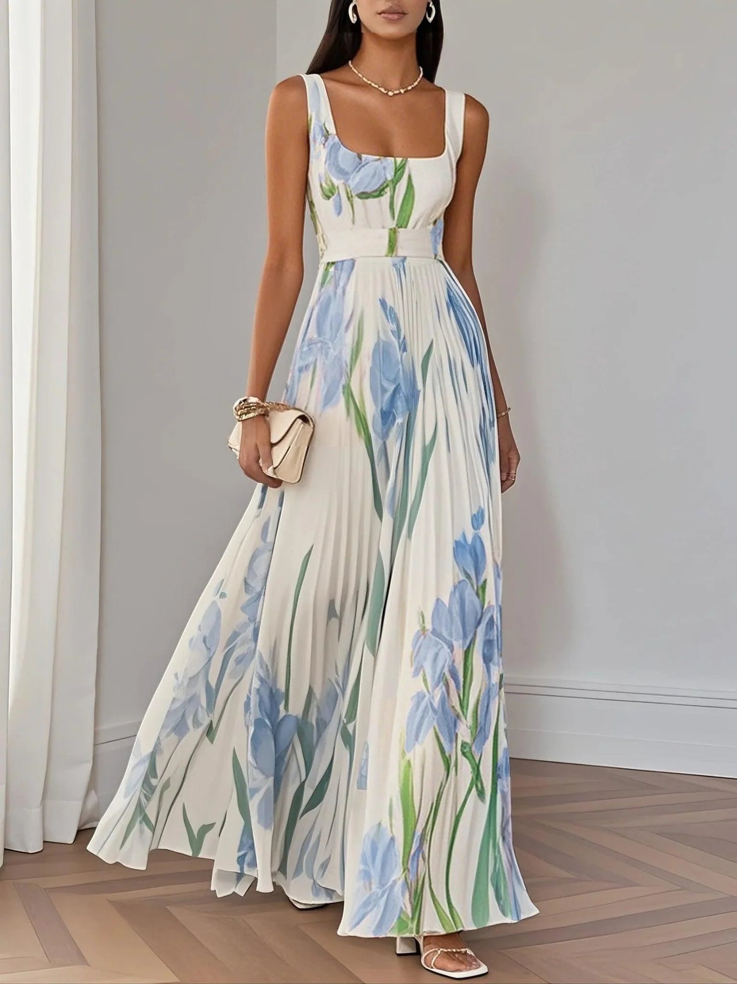Elegant Floral Maxi Dress for Women with Square Neck Sleeveless Belted Pleated Flowing Style