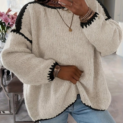 Solid Boat Neck Pullover Sweater, Women'S Casual Long Sleeve Loose Contrast Sweater