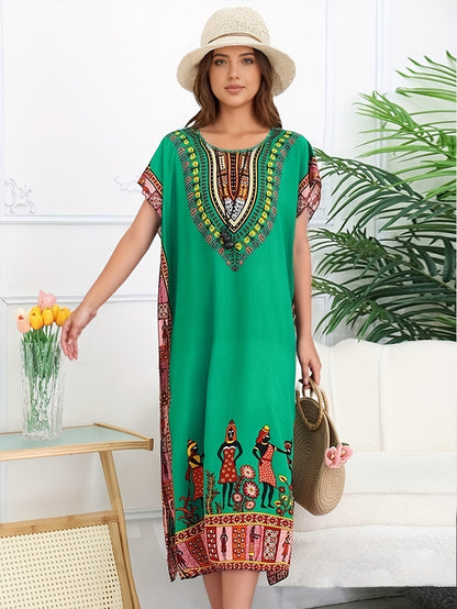 Effortless Tribal Print Kaftan Dress for Women with V Neck Short Sleeve Flowing Bohemian Style