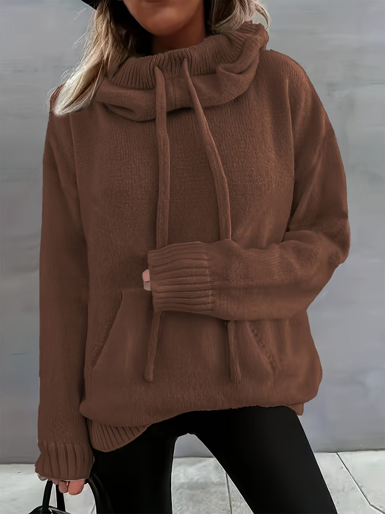 Comfortable Knit Sweater for Women with Cowl Neck Long Sleeve Drawstring Oversized Style