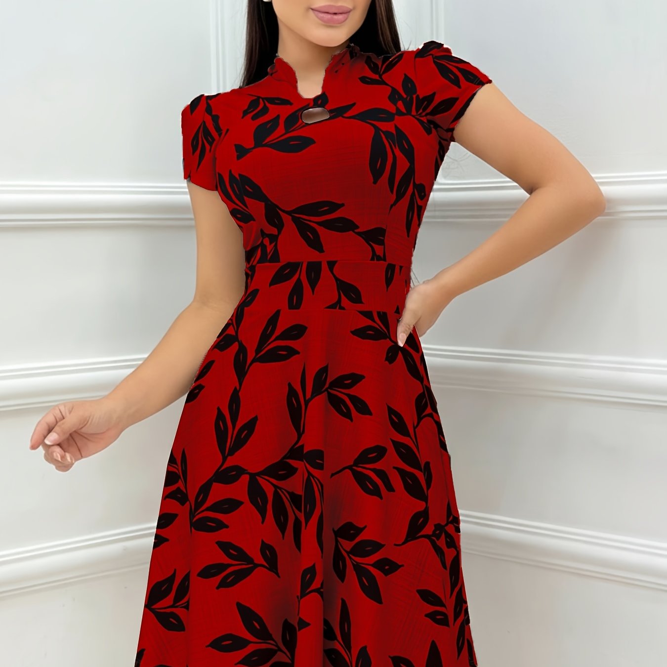 Elegant Leaf Print Fit and Flare Dress for Women with Keyhole Mock Neck Cap Sleeve Flowing Style