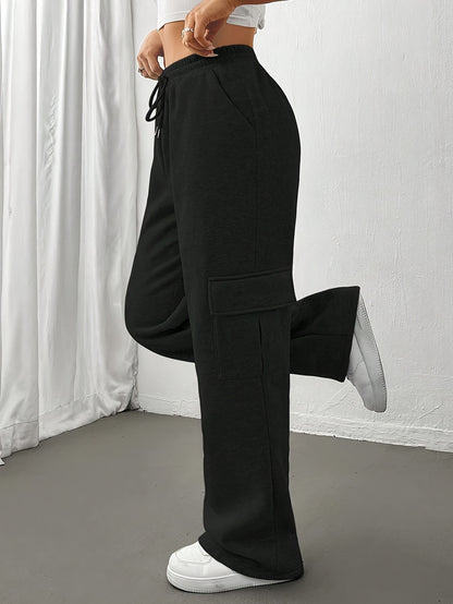 Comfortable Black Cargo Sweatpants for Women with High Waist Drawstring Flap Pocket Wide Leg Relaxed Style