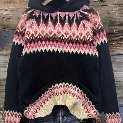 Comfortable Fair Isle Sweater for Women with Hooded Long Sleeve Relaxed Oversized Knit Style