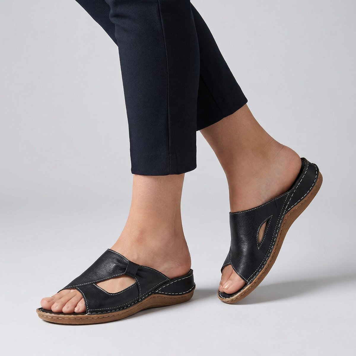 Comfortable Leather Wedge Sandal for Women with Peep Toe Cutout Stitched Comfort Style