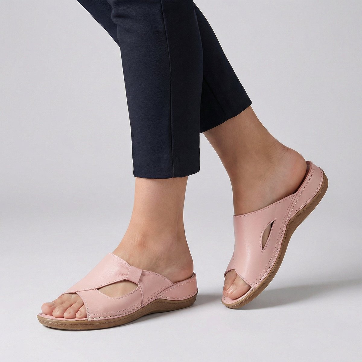 Comfortable Leather Wedge Sandal for Women with Peep Toe Cutout Stitched Comfort Style