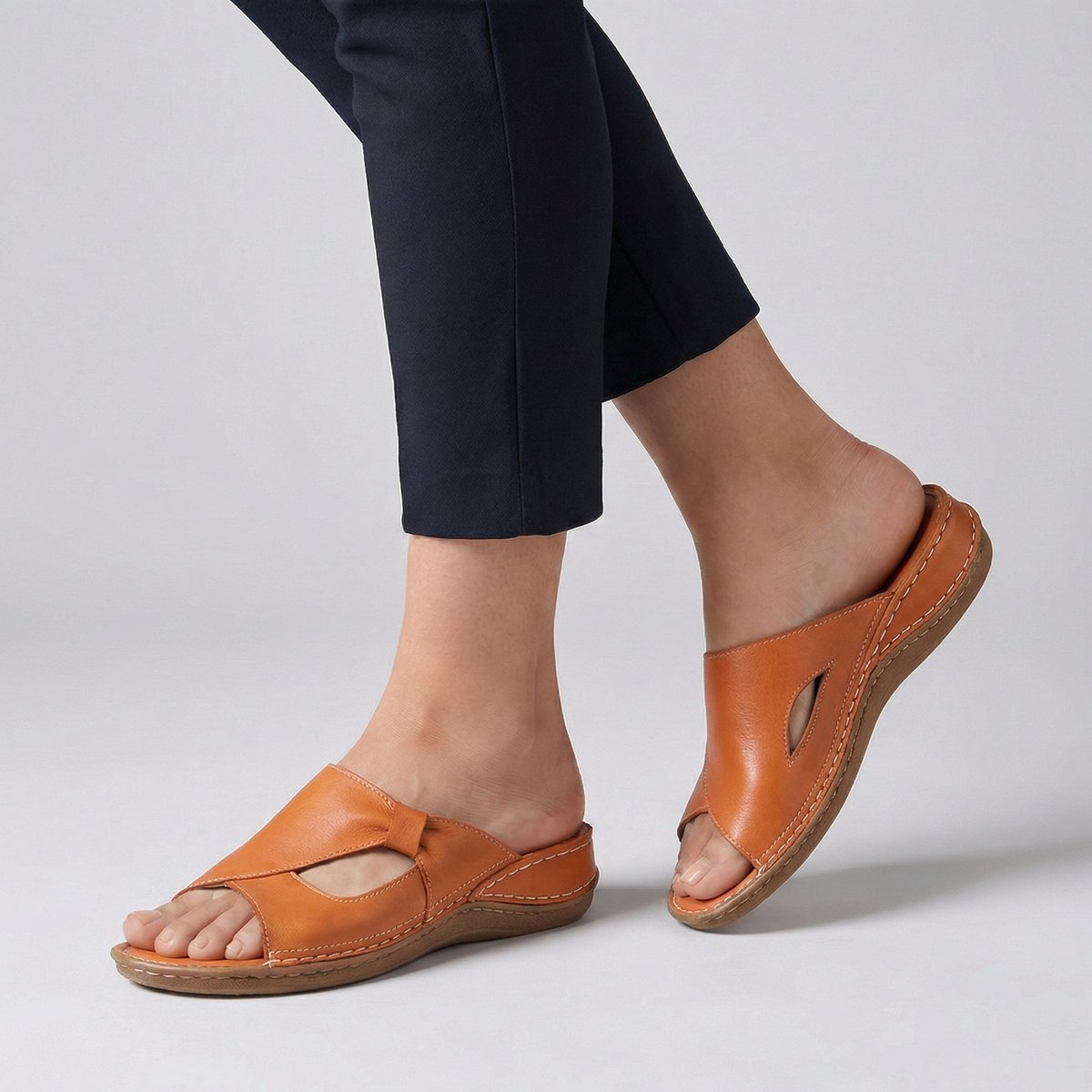 Comfortable Leather Wedge Sandal for Women with Peep Toe Cutout Stitched Comfort Style